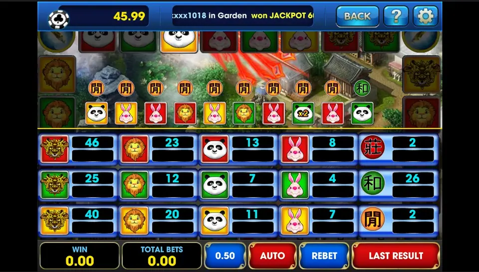 Fei Long Feng Wu main screen with the animal ring, result history and the 15-box betting board
