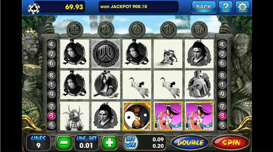 Fong Shen winning line with a Wild and two purple-robed women, other symbols greyed out