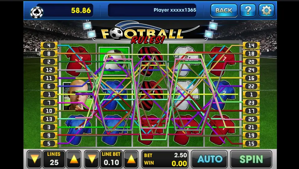 Football Rules reels with all 25 lines drawn, 25 lines at 0.10 per line for a 2.50 bet
