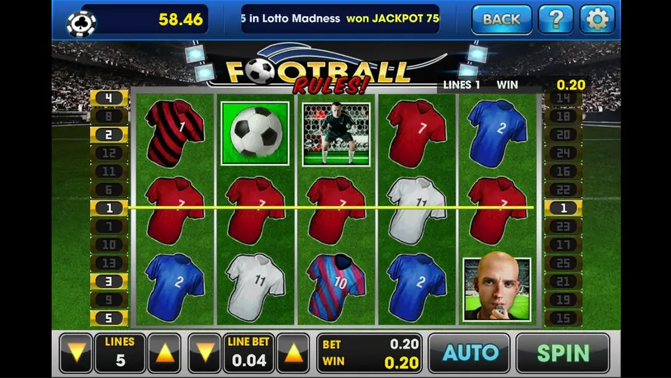 Football Rules win on line 1 with three red shirts, 5 lines at 0.04 for a 0.20 bet