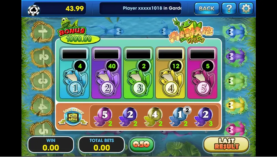 Frog Jump betting board with five frog boxes, their odds and the last-result strip