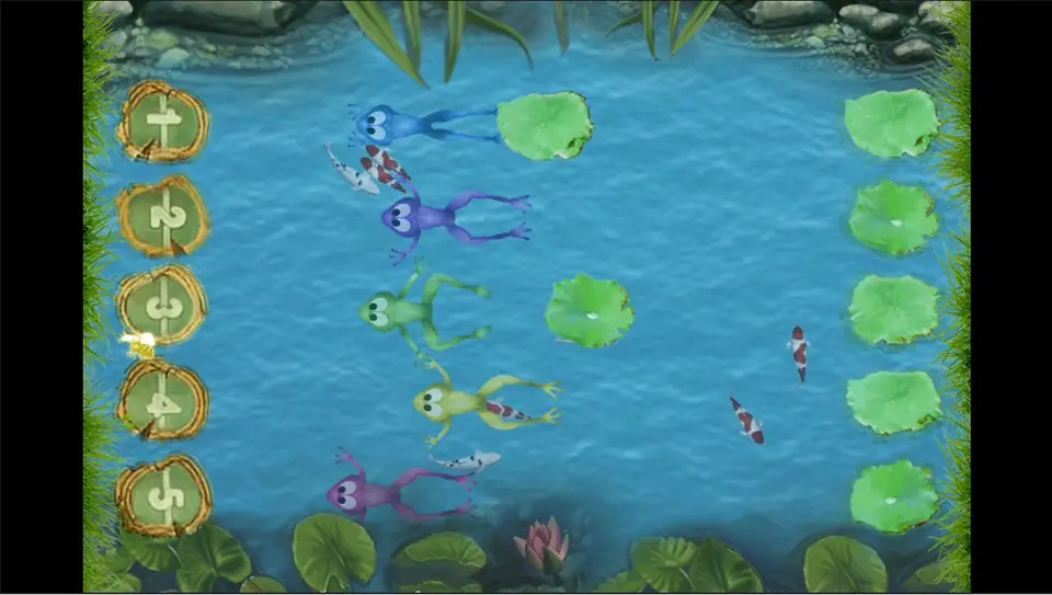 Frog Jump race with five frogs swimming across the pond toward the lily pads