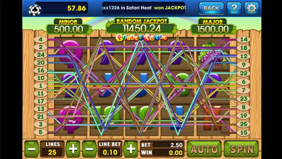 Fruity Tutti reels with all 25 lines drawn and the Minor, Random Jackpot and Major meters above