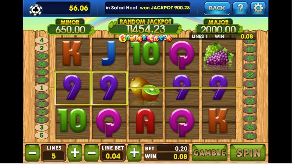 Fruity Tutti win of 0.08 from two purple 9s on line 1, 5 lines at 0.04