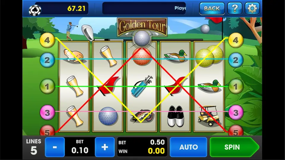 Golden Tour reels with all five paylines drawn, 5 lines at 0.10 for a 0.50 bet