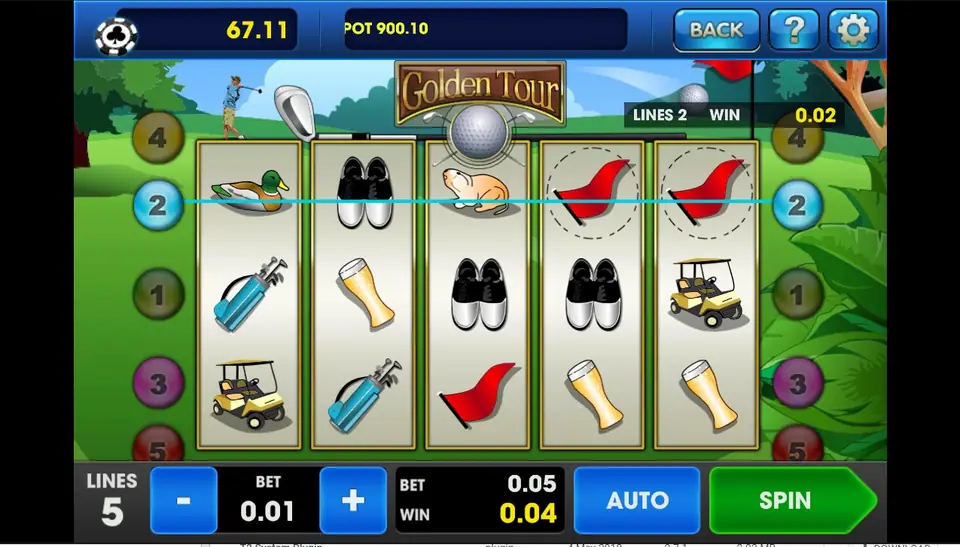 Golden Tour win with two red flags on reels 4 and 5 paying on line 2, bet 0.01 per line