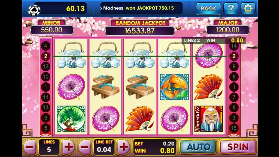 Geisha Story win of 0.80 from four teapots on line 2, 5 lines at 0.04