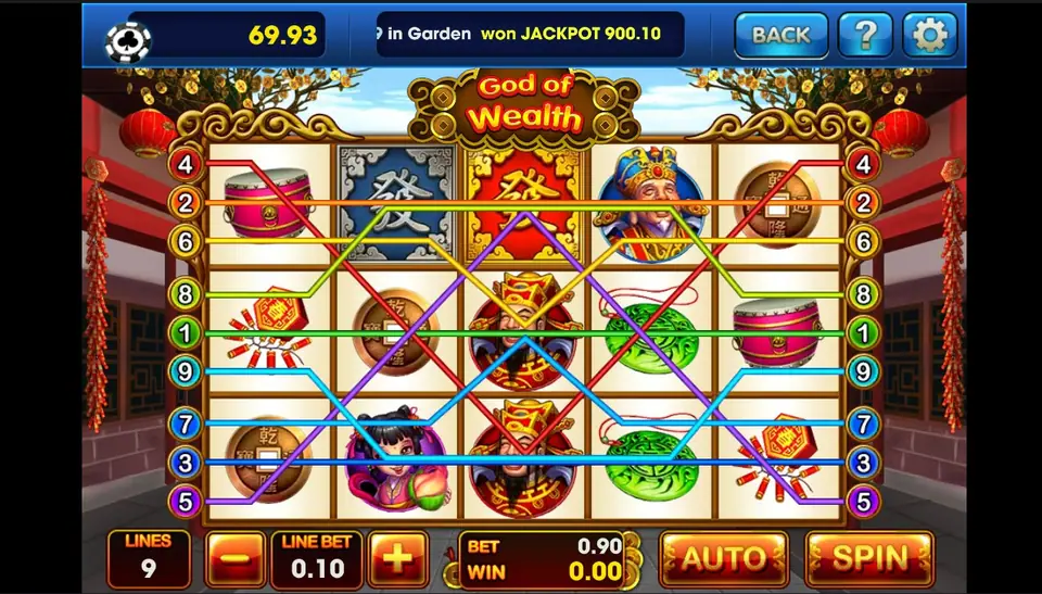 God of Wealth reels with all nine lines drawn, 9 lines at 0.10 for a 0.90 bet