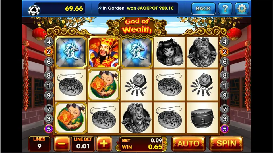God of Wealth win with two blue Fa Wilds beside the God of Wealth on the top row, 9 lines at 0.01