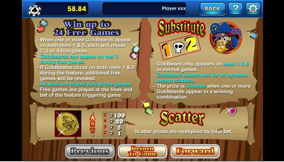 Goldbeard help page explaining the free games, the pirate substitute symbol and the gold coin Scatter
