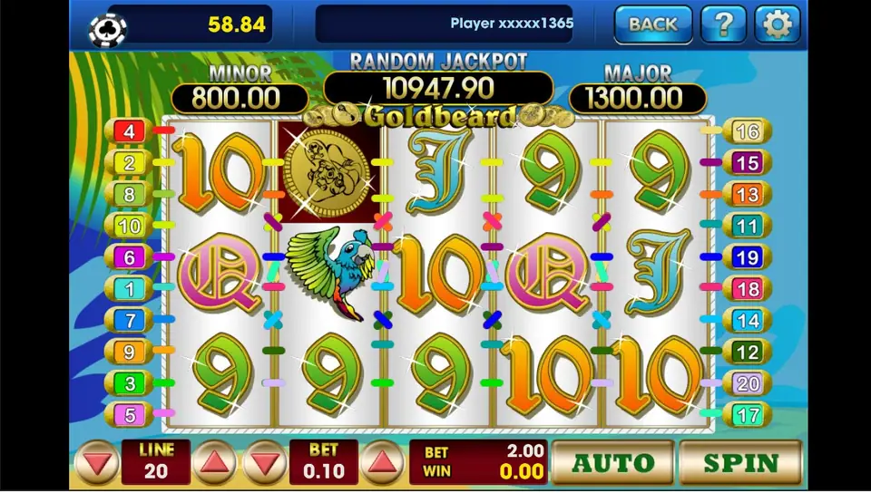 Goldbeard reels with the Minor, Random Jackpot and Major meters, 20 lines at 0.10 for a 2.00 bet