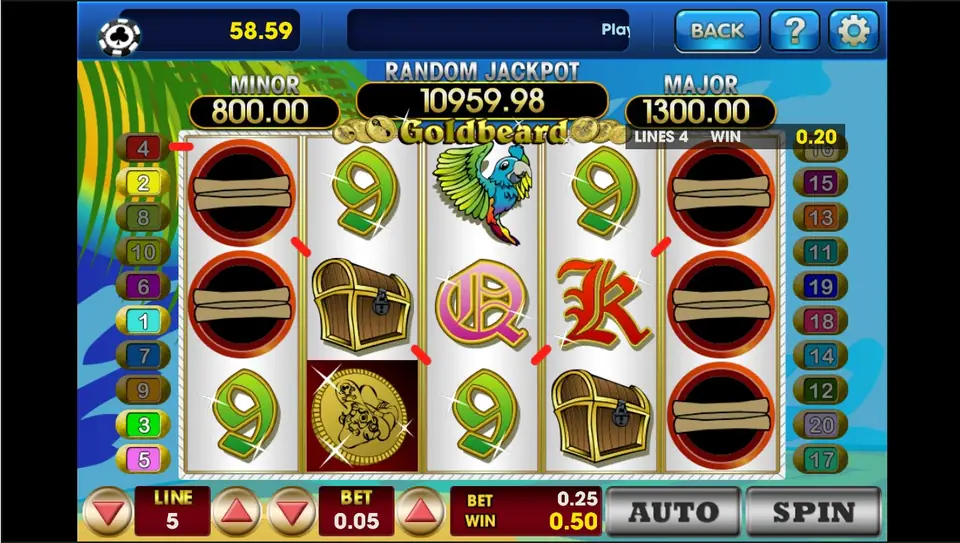 Goldbeard spin with barrels stacked on reels 1 and 5 and a 0.50 win, 5 lines at 0.05