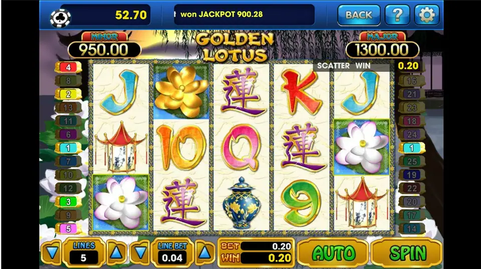 Two White Lotus tiles on reels 1 and 5 with SCATTER WIN 0.20 at 5 lines and 0.04 per line