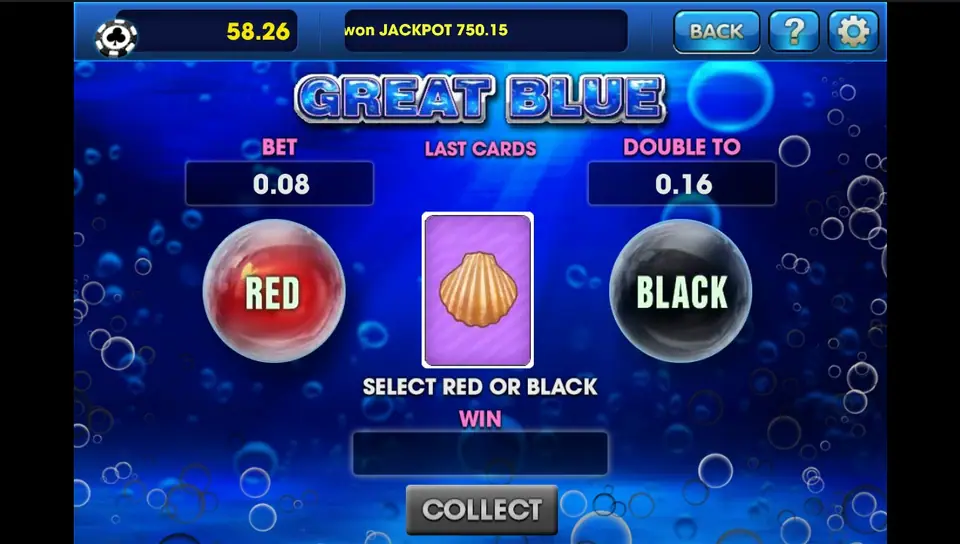 Gamble screen with BET 0.08, DOUBLE TO 0.16 and a face-down shell card between RED and BLACK