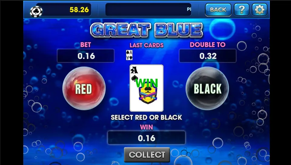 Winning black ace on the gamble card with WIN 0.16 and DOUBLE TO 0.32