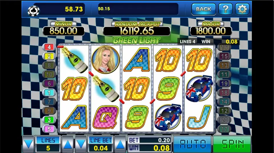 Green Light at 5 lines and 0.04, with champagne bottles on reels 1 and 2 and a 0.08 win on line 4
