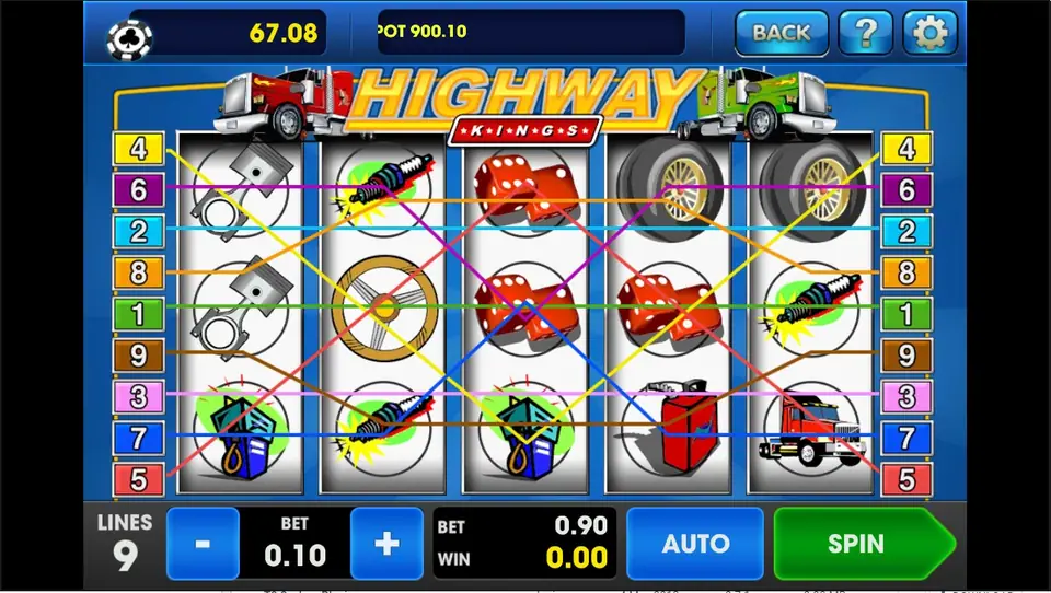 Highway Kings on 3Win8 with all nine lines drawn, 9 lines at 0.10 for a 0.90 bet