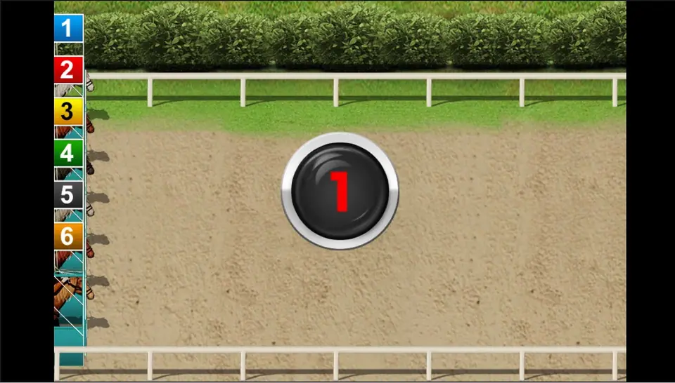 Starting gate with horses 1 to 6 lined up on the left and a countdown showing 1