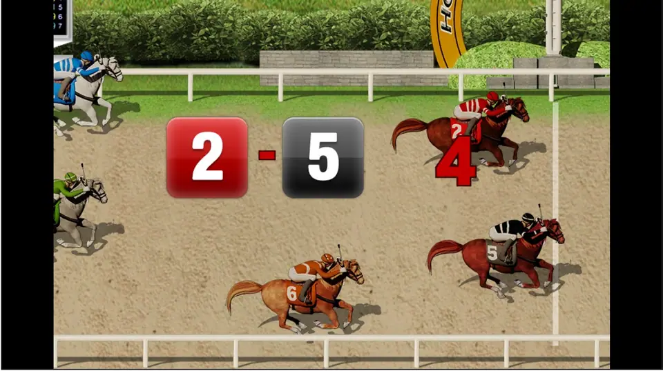 Result tiles 2-5 over the finish, horse 2 in front with a red 4 beside it