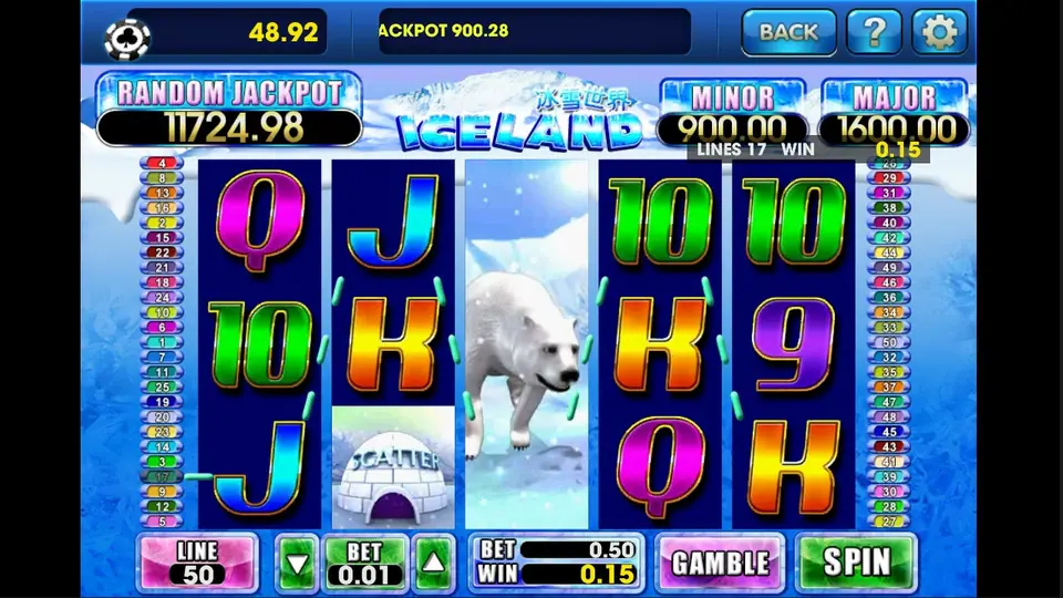 Iceland on 3Win8 with the polar bear filling reel 3, LINES 17 WIN 0.15 at 0.01 per line