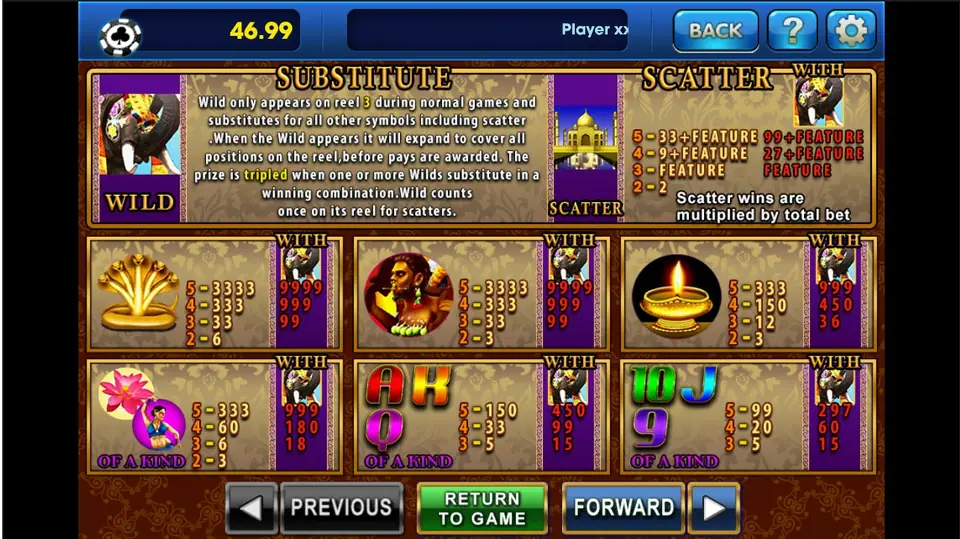 Indian Myth help page on 3Win8 with the painted elephant wild, the Taj Mahal scatter, a gold cobra, a warrior, an oil lamp, a lotus, a dancer and card letters