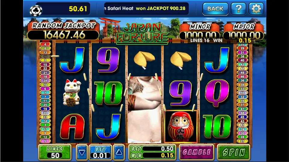 Japan Fortune at 0.01 a line with the sumo wrestler covering reel 3 and a 0.15 win on line 16