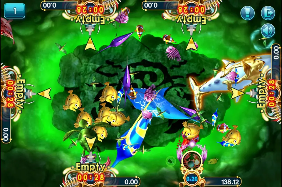 3Win8 fish shooting table with four cannon seats, a green reef background and schools of gold and blue fish
