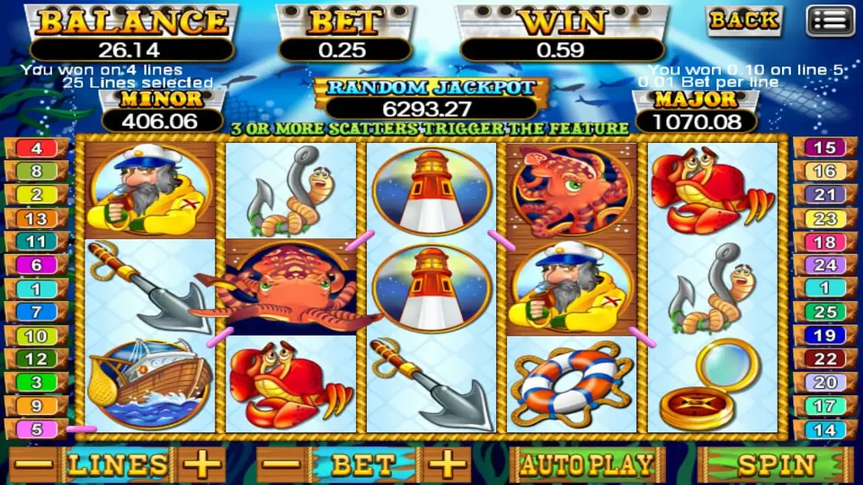 Sea Captain after a four-line win, with the captain, two lighthouses and an enlarged octopus on the reels