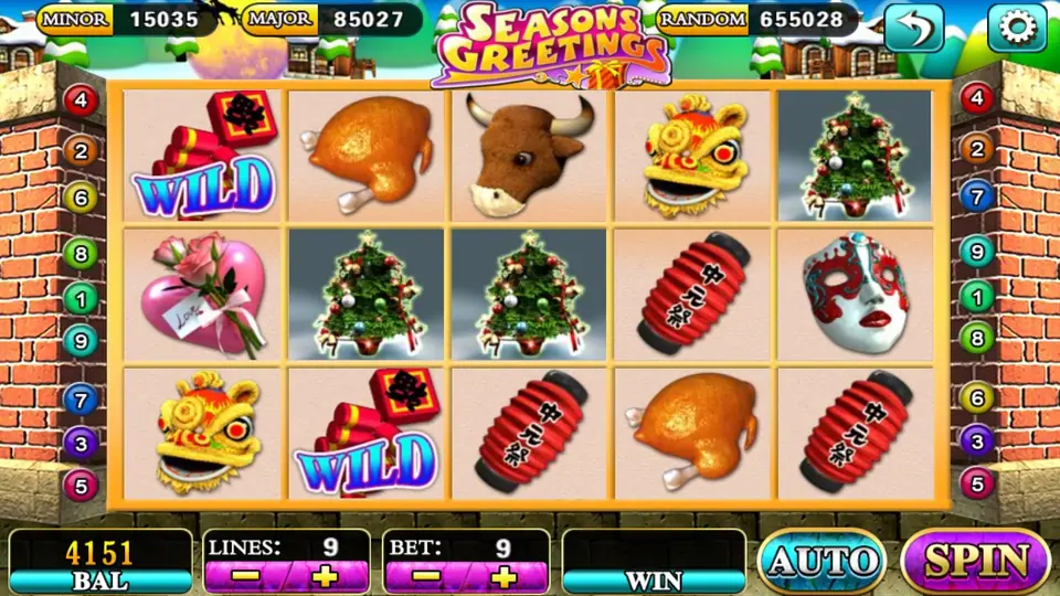 Seasons Greetings reels with two WILD firecracker tiles, an ox head and red lanterns at 9 lines and a bet of 9