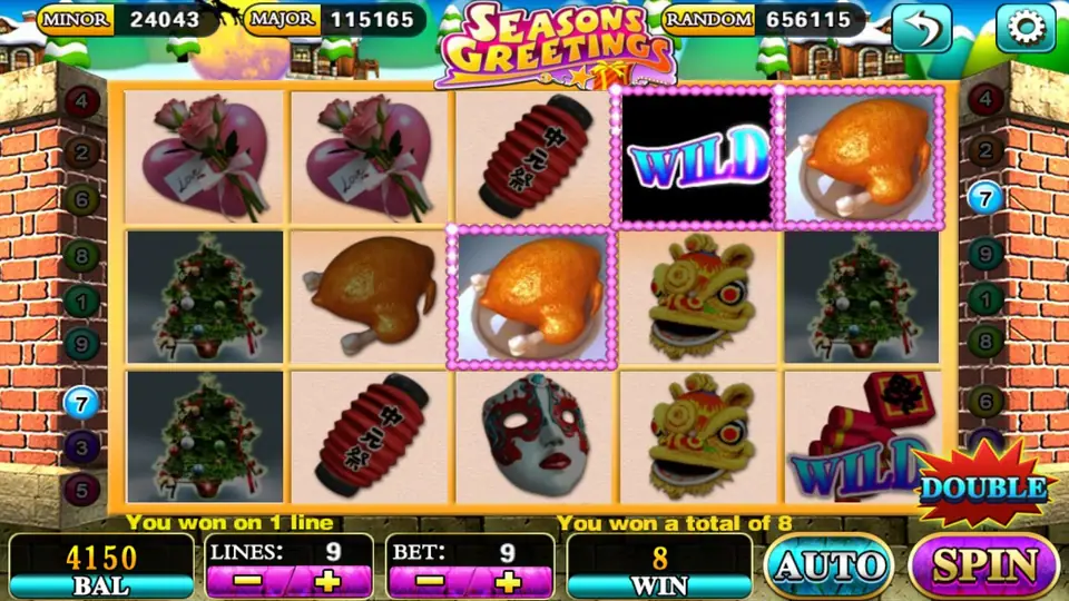 A pink-outlined win of 8 on one line with the red DOUBLE button next to SPIN