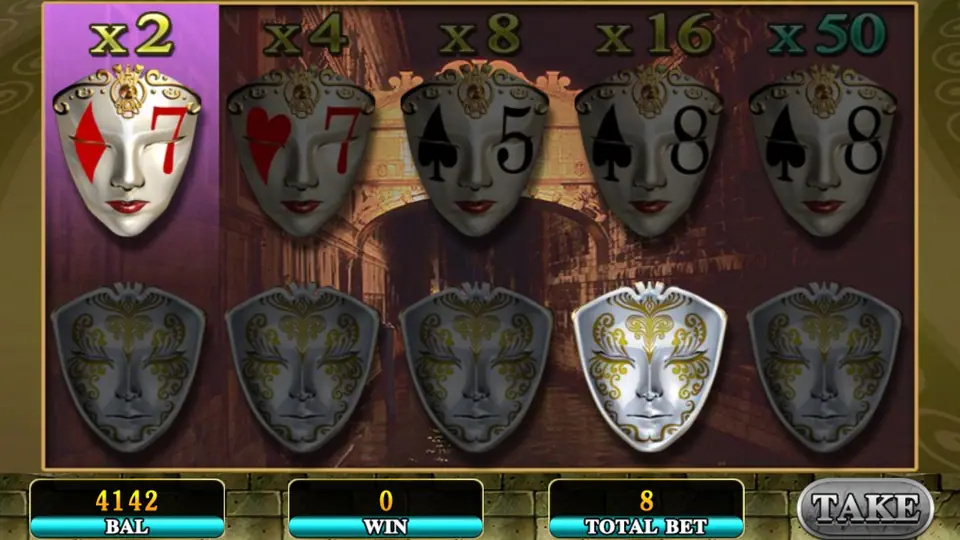 The mask gamble with the x2 to x50 ladder, cards on the top masks and five face-down masks below