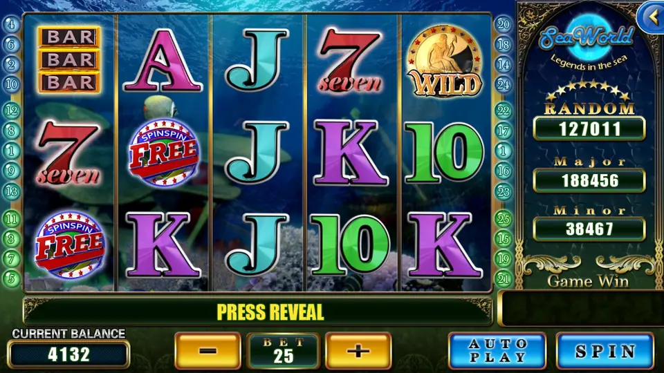 SeaWorld on 918Kiss with BAR, 7, A, J, K and 10 symbols, a gold WILD coin and two SPINSPIN FREE badges, PRESS REVEAL under the reels