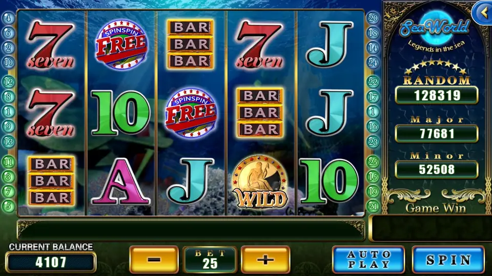 SeaWorld with two SPINSPIN FREE badges on reels 2 and 3 and a WILD on reel 4, balance 4107