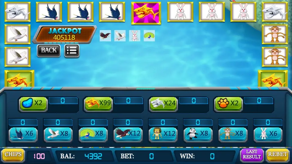 Shark on 918Kiss with a ring of animal tiles round a pool and the bet panel open: bird and beast group bets, gold shark x99, silver shark x24 and eight animals