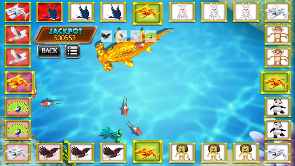 A gold shark swims across the pool while the lit tiles on the ring pick out the round's result