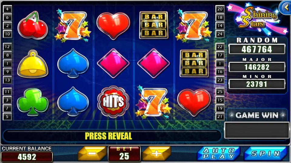 Shining Stars with two orange sevens, cherries, a bell, a HITS badge and PRESS REVEAL in the message bar