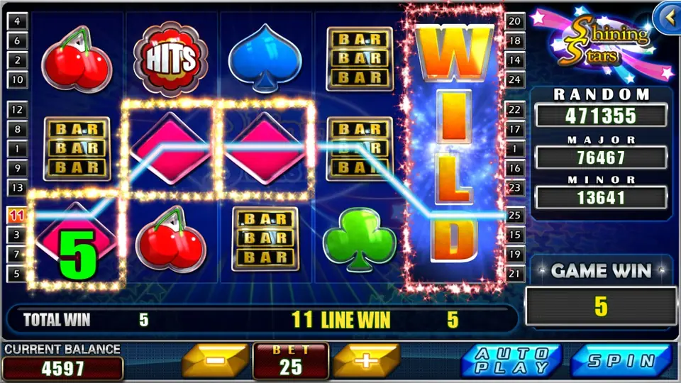 Line 11 paying 5 for three pink diamonds, with a full-height WILD sparkling on reel 5