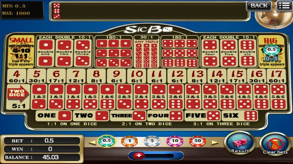 A 0.5 chip on Big with the Result and Clear bets buttons showing