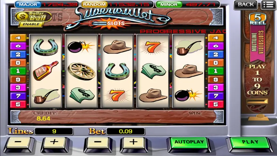 Silver Bullet reels with horseshoes, wagon wheels, a whisky bottle, sevens and a pipe at 9 lines and bet 0.09