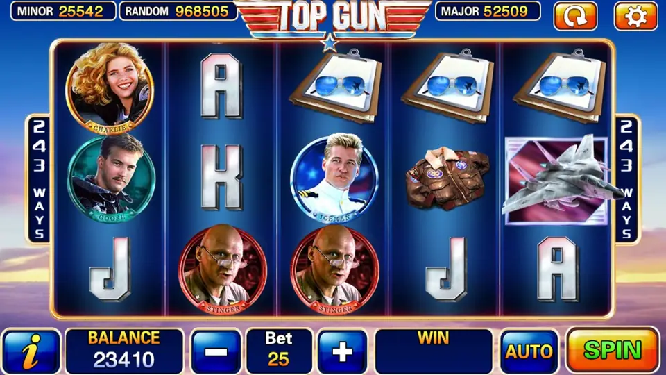 Top Gun slot on 918Kiss with pilot portraits in round badges, aviator sunglasses on clipboards and a fighter jet tile, 243 WAYS on both sides