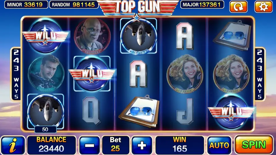 Three winged WILD badges and two jet badges on the Top Gun reels with 165 in the WIN box