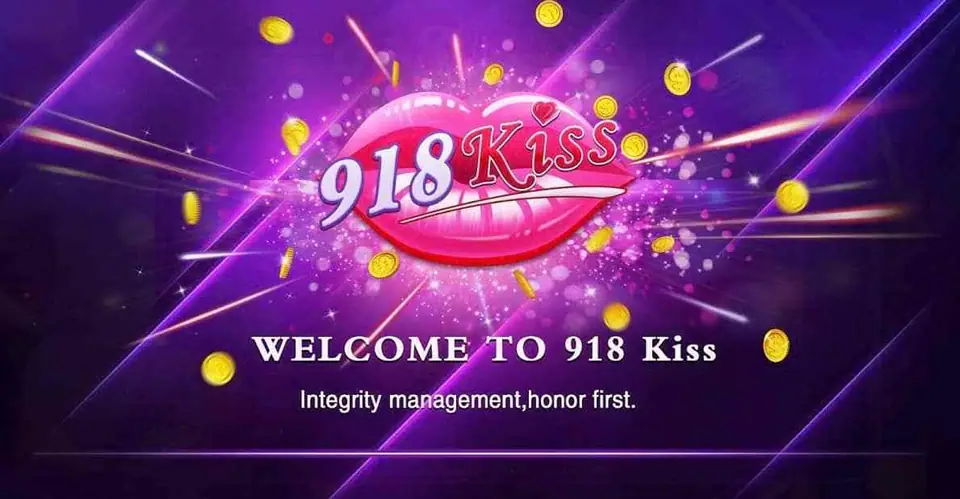 918Kiss welcome screen with the pink lips logo, gold coins and the line 'WELCOME TO 918 Kiss' on a purple background