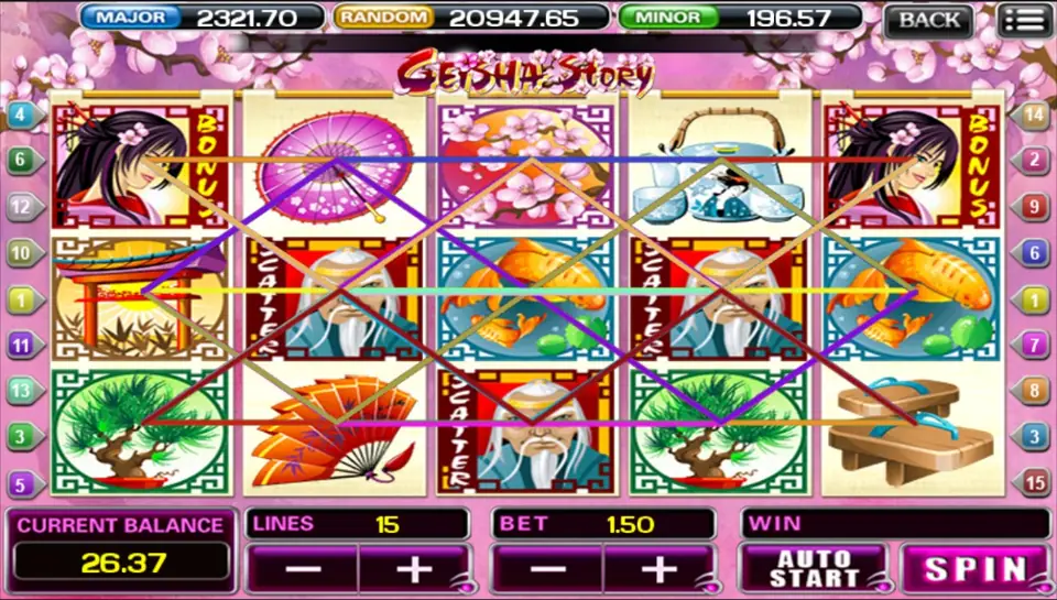 Geisha Story on ACE333 with 15 coloured paylines drawn over fans, parasols, koi and the geisha Bonus symbol