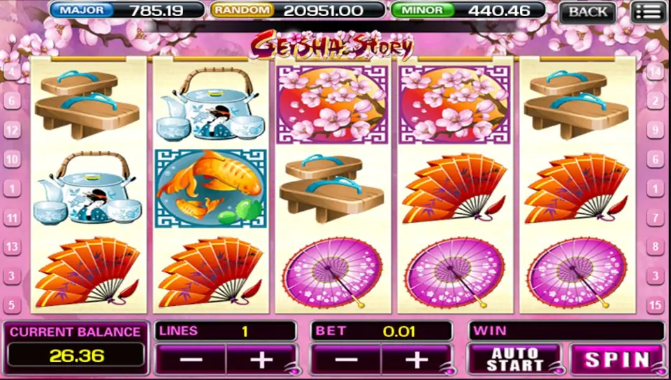 Geisha Story running on 1 line at a 0.01 bet with a balance of 26.36