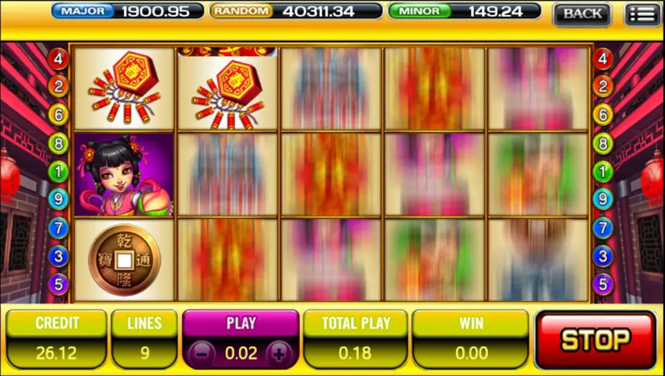 Firecrackers, the girl, a copper coin and blurred reels mid-spin, with the red STOP button showing