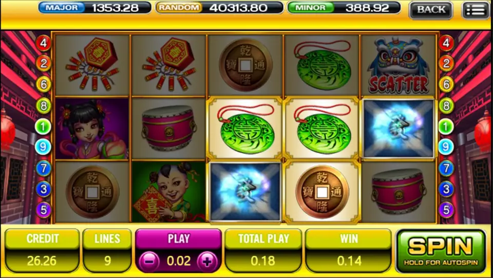 A glowing blue Fa wild on reels 3 and 5 with the Scatter lion head at top right