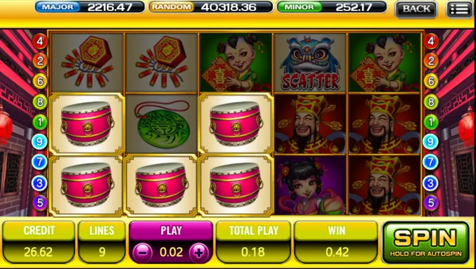 Five red drums framed in gold for a 0.42 win on a 0.18 total bet