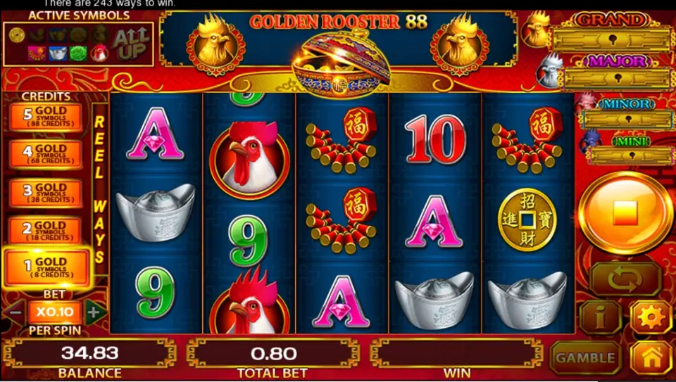 Golden Rooster 88 reels with rooster, silver ingots and card symbols, 1 Gold Symbol selected