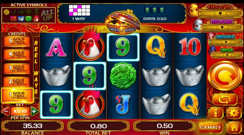 Three green 9s outlined on reels 1 to 3 with the banner 1 WAY PAYS 0.50