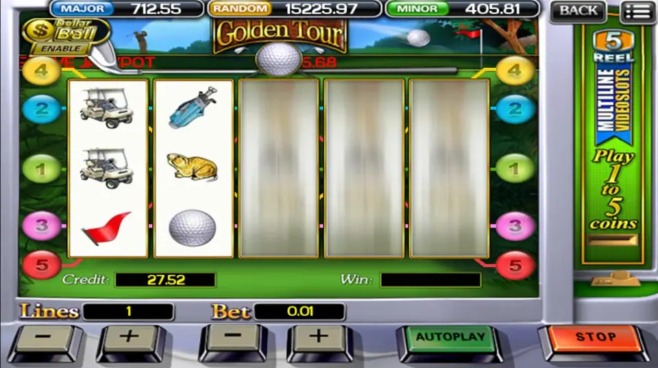Reels 1 and 2 stopped while reels 3 to 5 still spin, the PLAY key now a red STOP